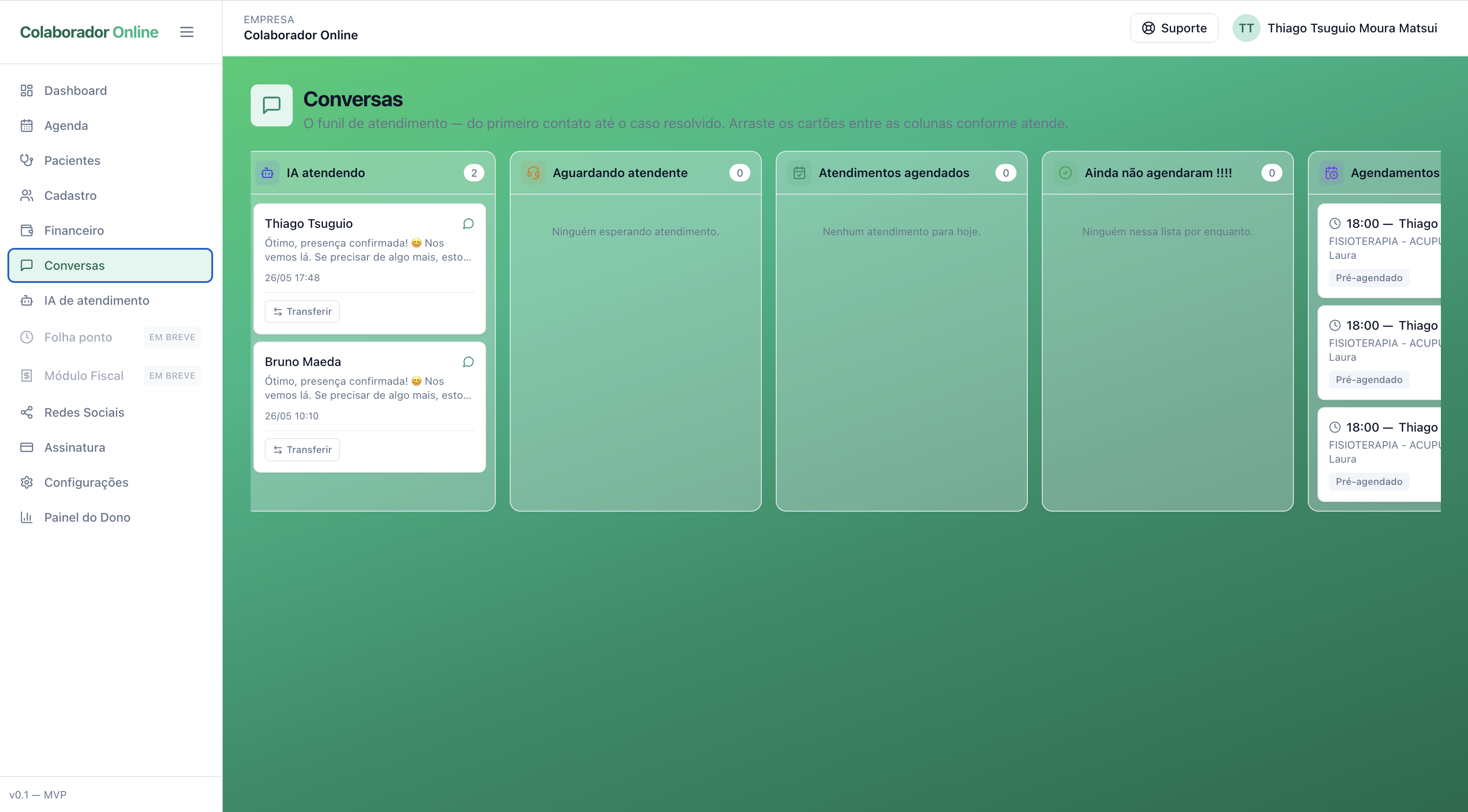 CRM com kanban de atendimentos — IA atendendo, Aguardando atendente, Atendimentos agendados, Ainda não agendaram e Agendamentos
